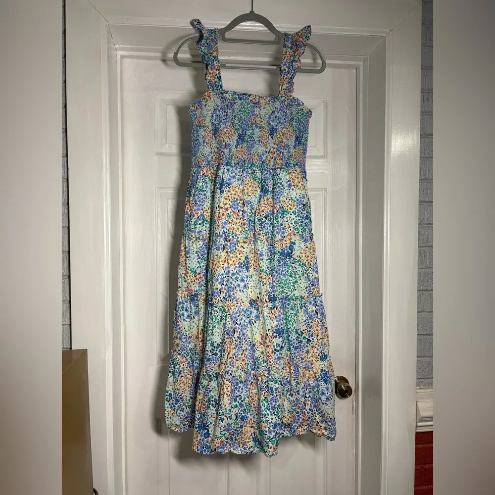 J Crew Floral Smocked Tiered Floral Midi Dress‎
